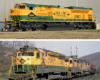 A yellow and green train in 2012 vs 1962
