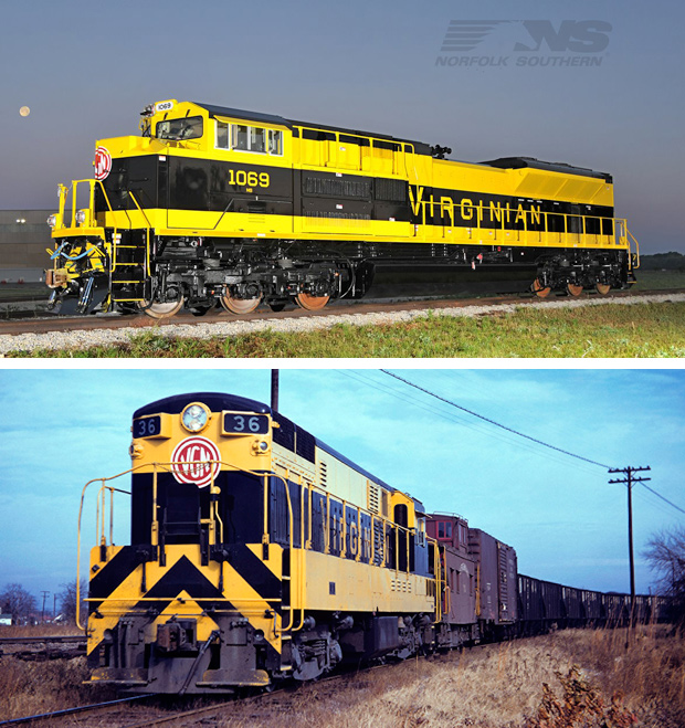 A black and yellow train in 2012 vs 1959