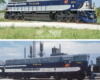 A blue and gray train in 2012 vs 1950