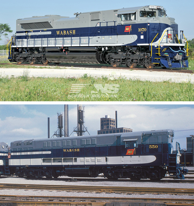 A blue and gray train in 2012 vs 1950
