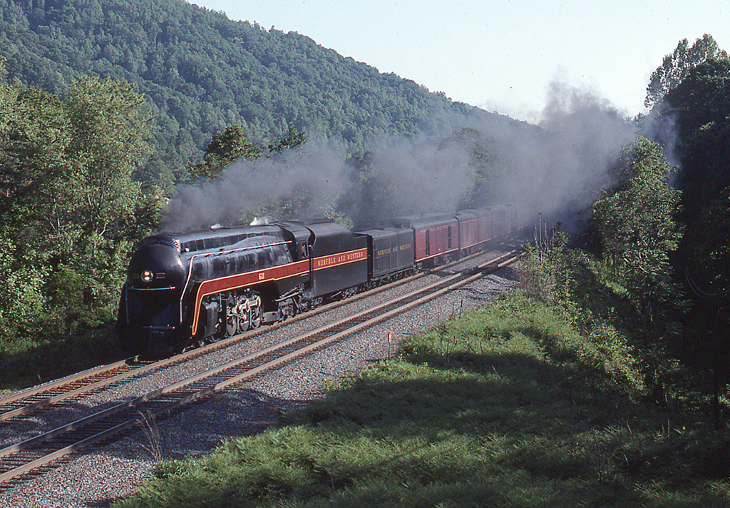 A train passing through a hilly area with lots of trees