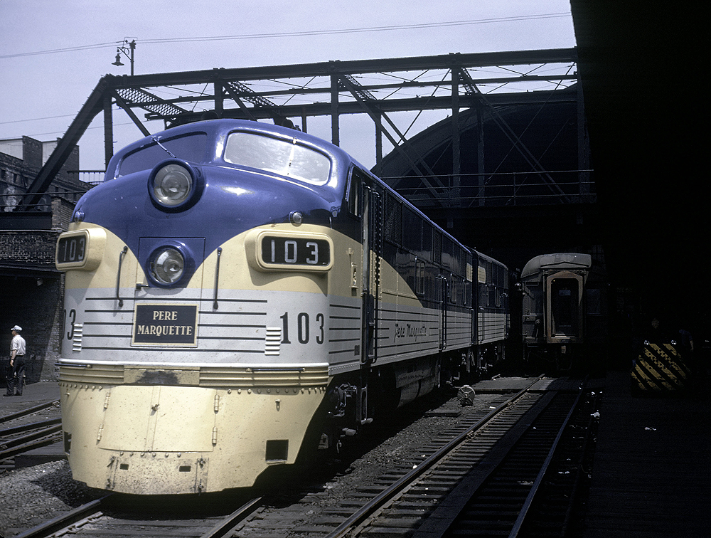 Two E7’s, just months old, stand outside the trainshed of Chicago’s Grand Central Station, ready to depart for PM’s hub of Grand Rapids, Michigan, with train 6, on June 21, 1947. 