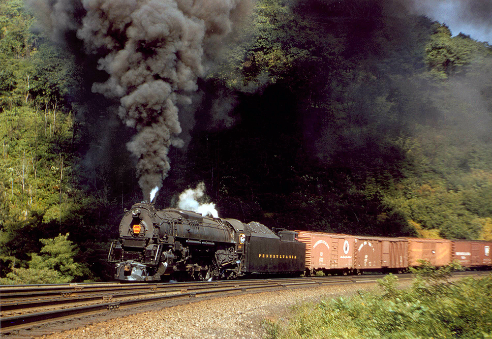 A train with big black smoke coming out of its chimney, passing by a forest