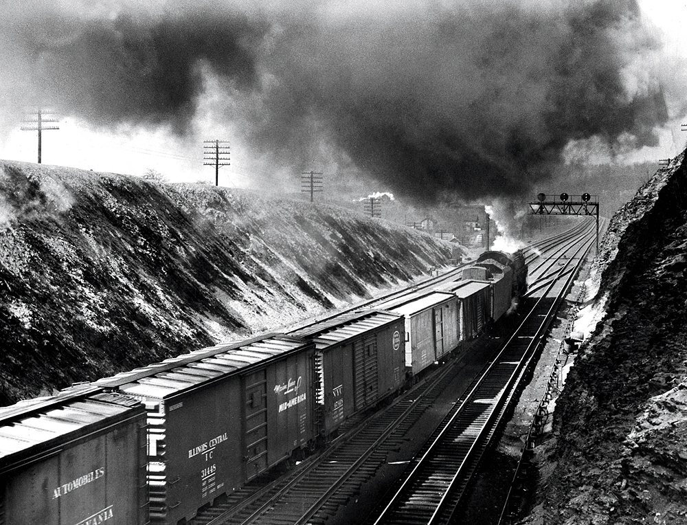 Captured from behind, a train passing below a stop light