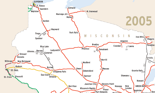 Wisconsin railroads in 2005 map image