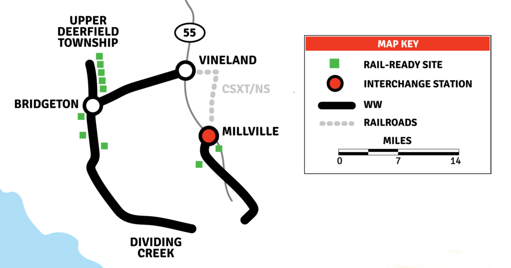 Map showing portions of New Jersey included in the Rail Ready Sites program including near Upper Deerfield Township, Bridgeton, and Millville. Vineland and Dividing Creek are shown on the map but have not sites.