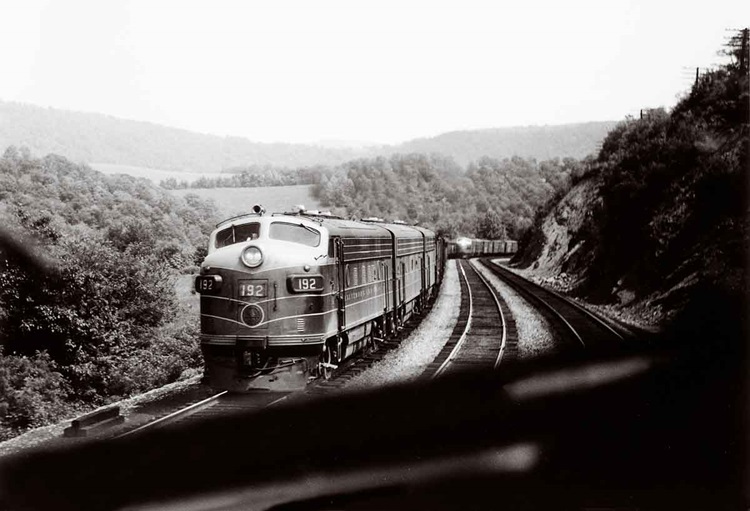Freight trains meeting in valley