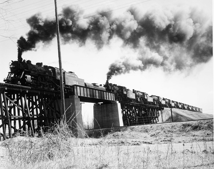 Steam locomotives on combination girder bridge and trestle