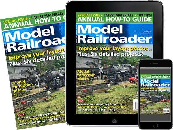 A physical copy of Model Railroader alongside a tablet and mobile phone featuring covers of the issue