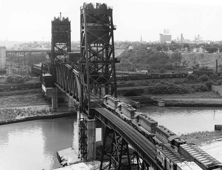 Two trains on double track lift bridge