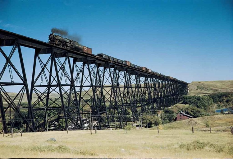 Steam-powered freight train on high bridge