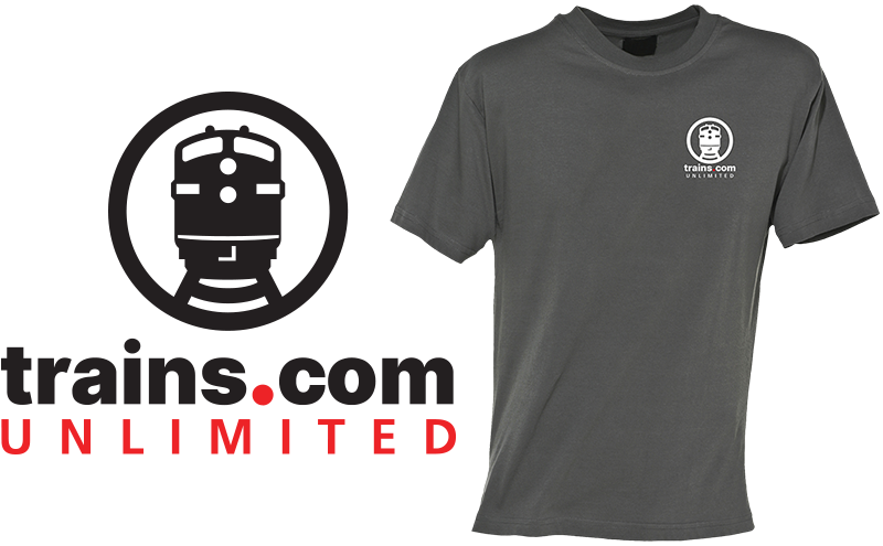 Trains.com logo next to a grey t-shirt that features the logo on the left chest area