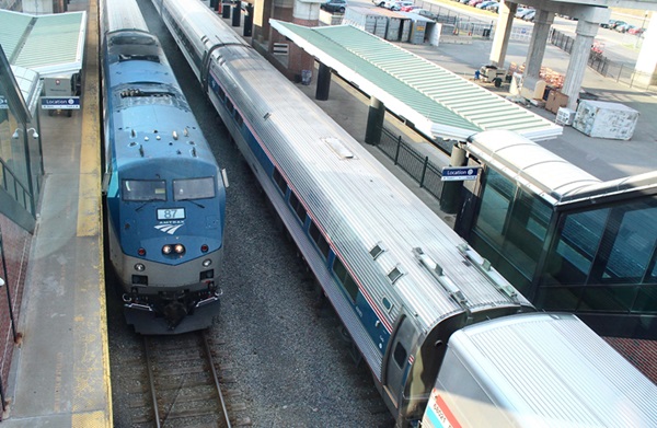 Overhead view of trains at station