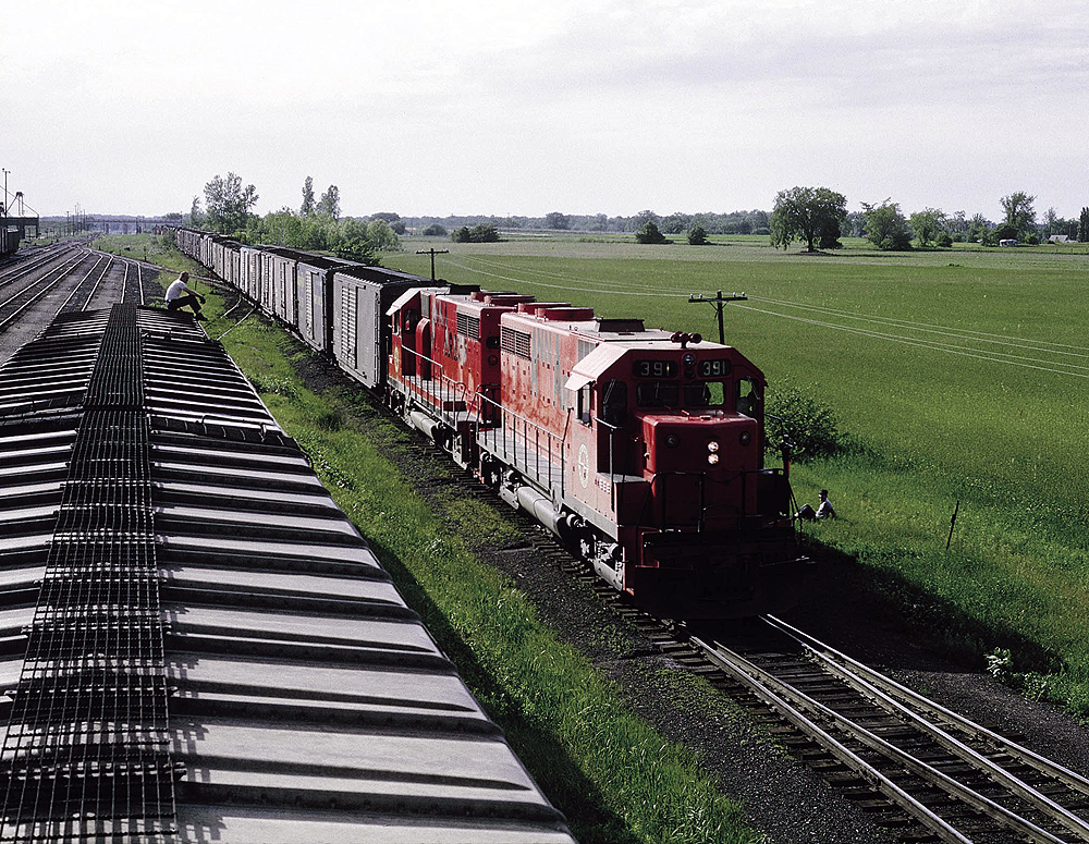 Two road-switcher diesel locomotives with freight train