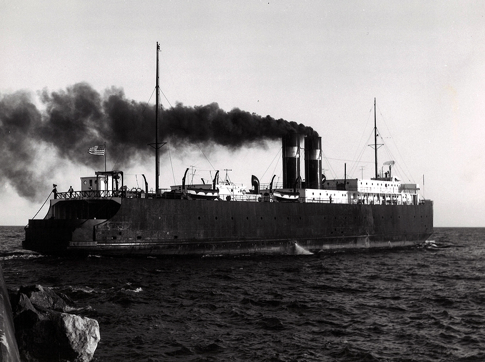 Railroad car ferry at sea
