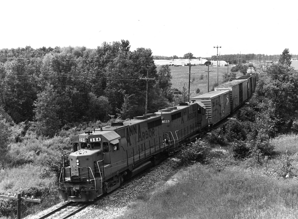 Two road-switcher diesel locomotives with freight tra