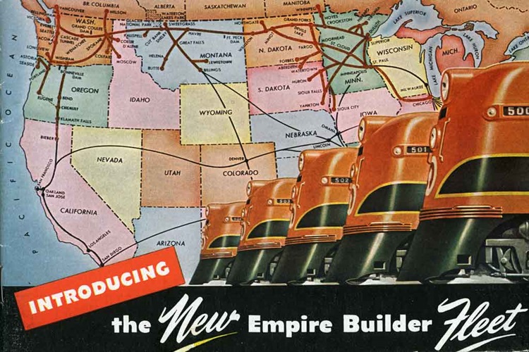 Bright-colored promotional illustration with a map of the Western United States and orange-and-brown diesel electric locomotives.