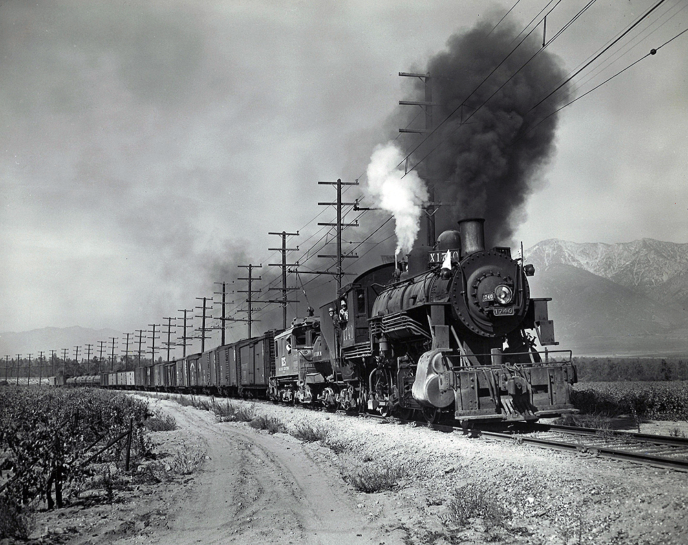 A steam locomotive and a freight motor lead a freight train.