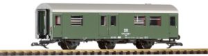 Three axle green boxcar with windows