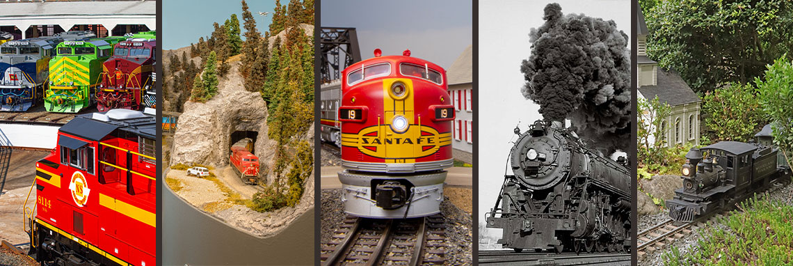 A variety of images showing a diesel, a model railroad, an o gauge diesel, a steam engine, and a steam engine in a garden railroad