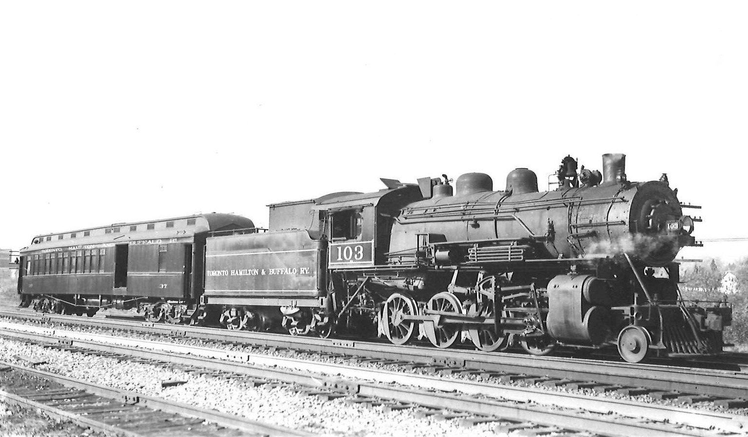 Toronto, Hamilton & Buffalo 2-8-0 steam locomotive with one-car passenger train