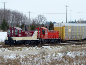 Ontario Southland's CAMI power — freshly repainted No. 1245 and another ex-CP SW1200, No. 120