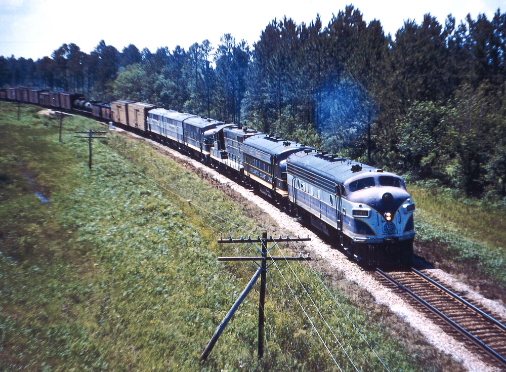 Several diesel locomotives coupled together lead a freight train.