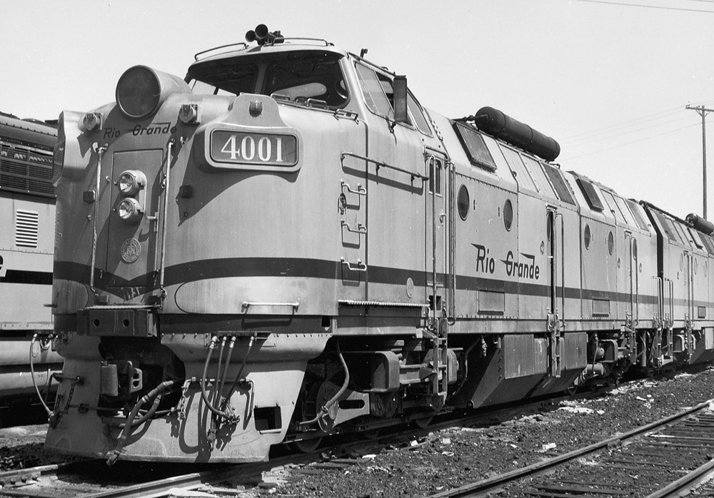 Oblique front view of a "nosey" cab-unit locomotive.