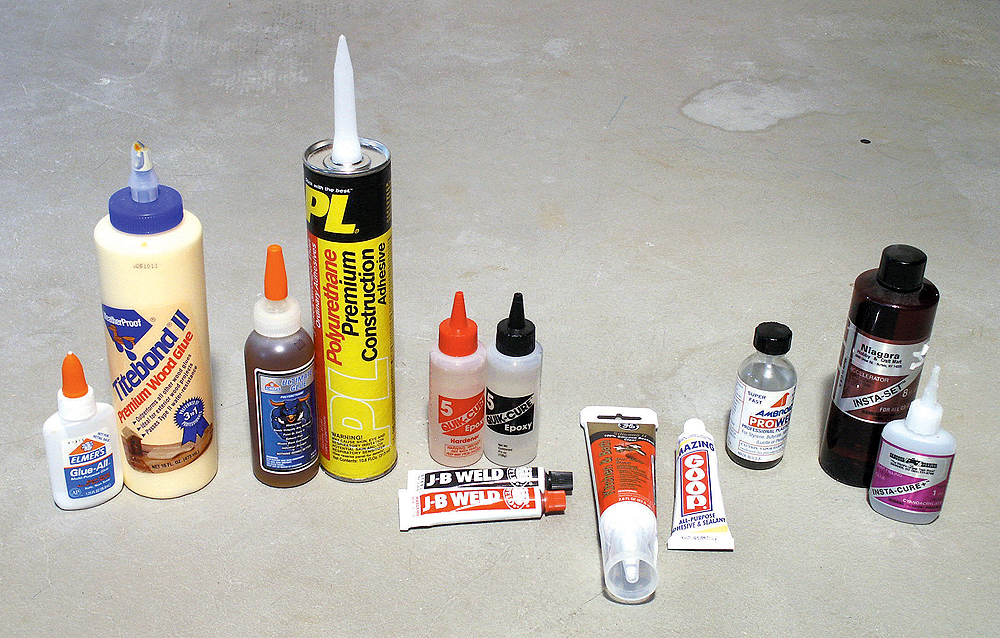 Several bottles and tubes showing the various adhesives described in the article.