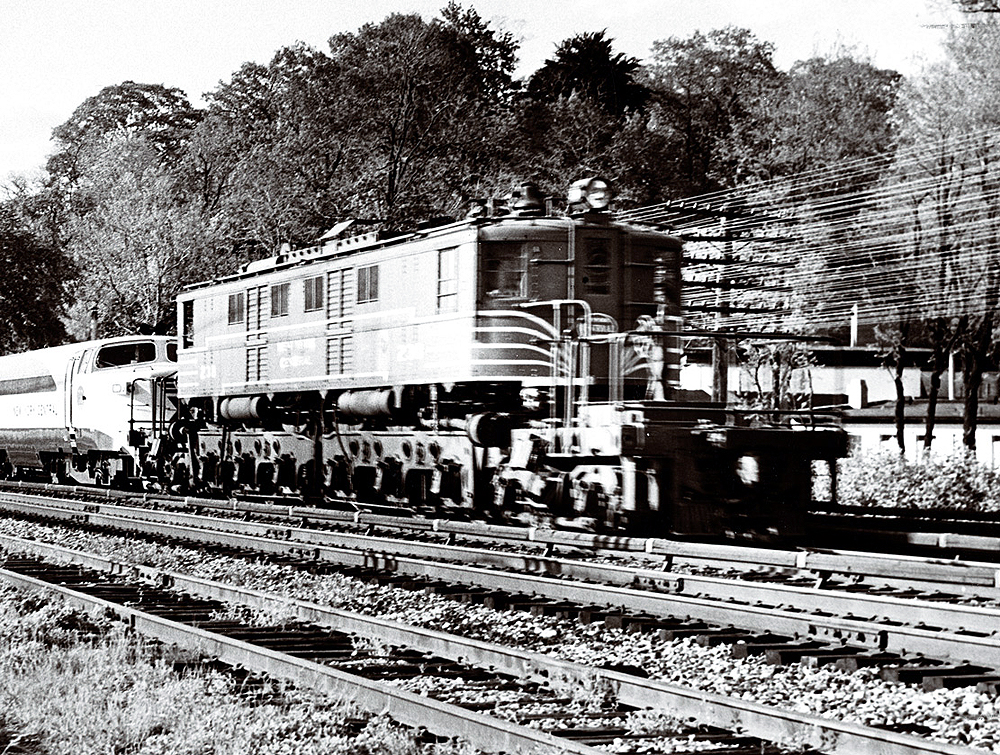 An electric locomotive leading a train at speed.