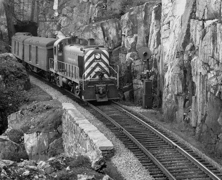 Alco RS2 4007 with New York–Montreal Laurentian north of Willsboro, N.Y., circa early 1950s.