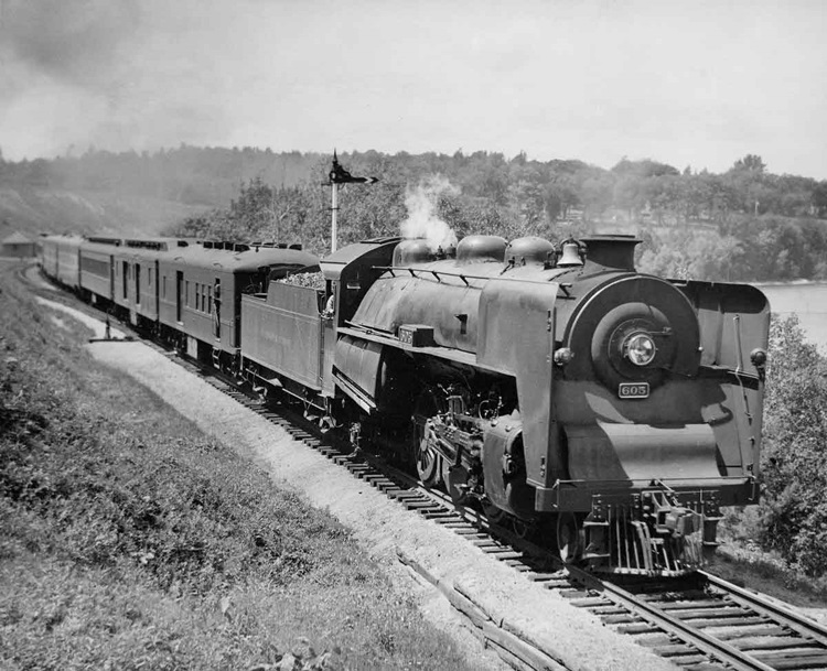 Pacific 605 with Montreal–New York Laurentian at Fort Kent, N.Y., 1940s.