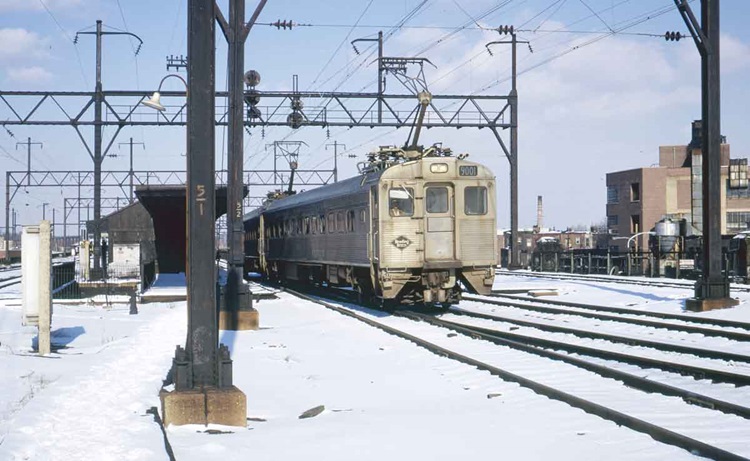 Budd Silverliners inbound to Reading Terminal at Wayne Junction, February 1974.