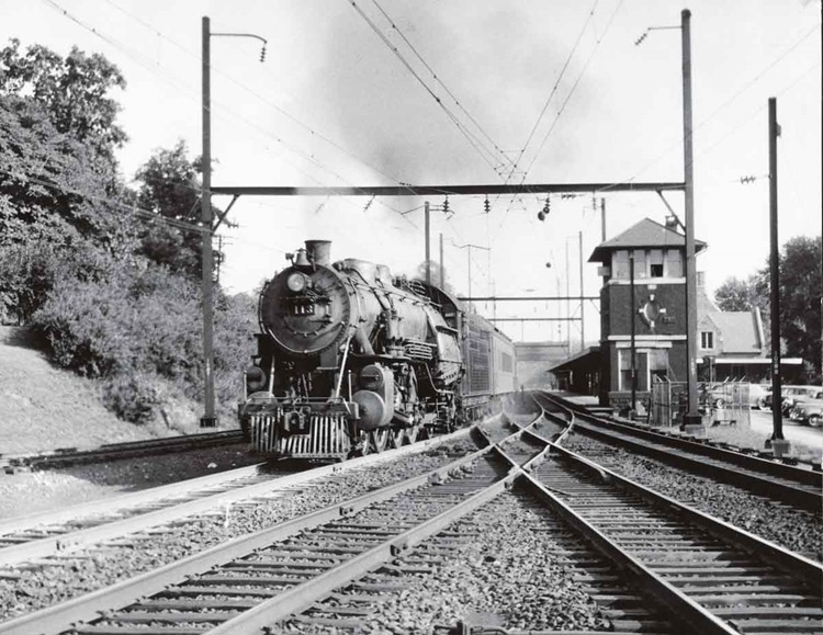 Philadelphia–Jersey City hourly train eastbound at Jenkintown, Pa., August 1946.