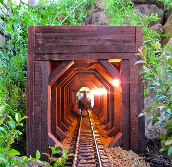 The author designed her rear-of-the-railway tunnel for viewing from a glider on the front door stoop