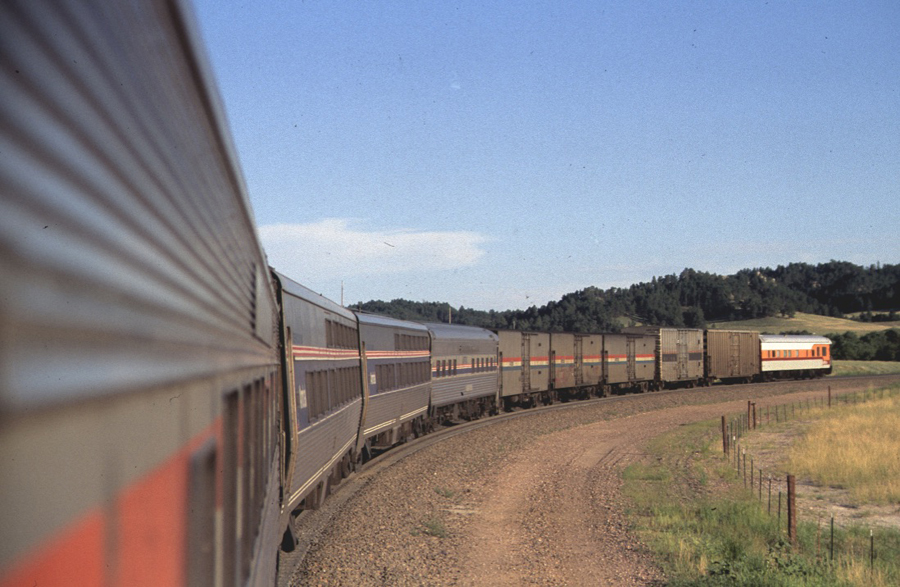 View from an Amtrak passenger train of the train's tail.