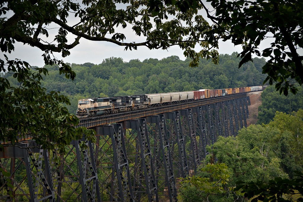 Locomotives hauling mixed freight train over a trestle surrounded by forest.