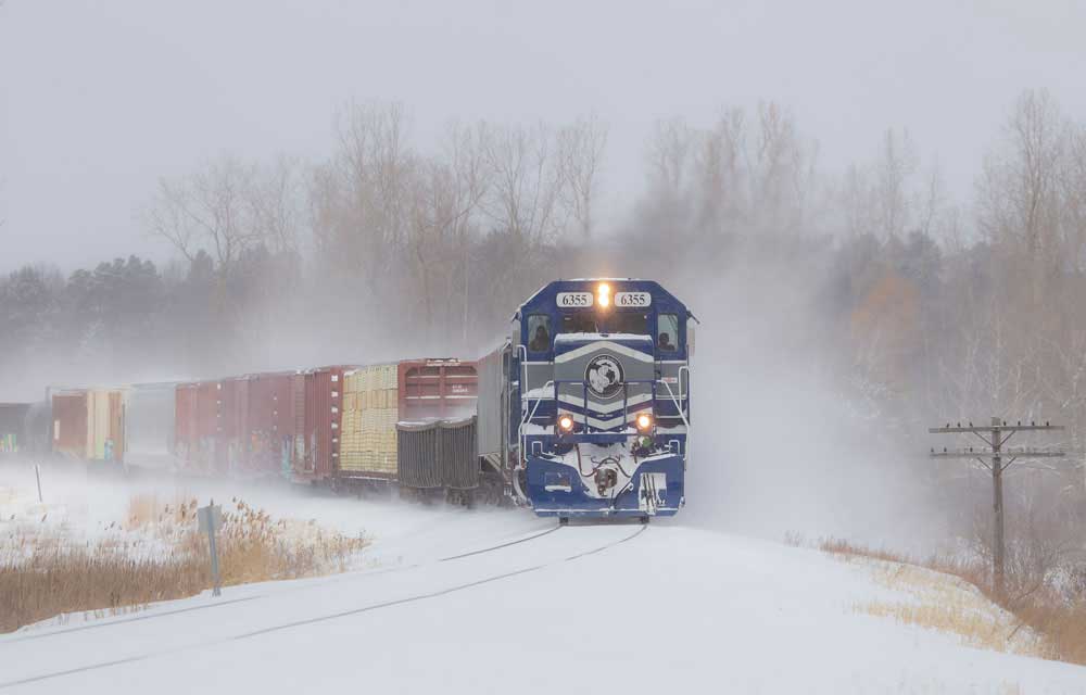 Train with blue and gray locomotive in snow