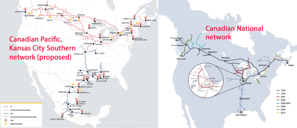 Side-by-side maps of North America showing respective routes of the railroads mentioned.