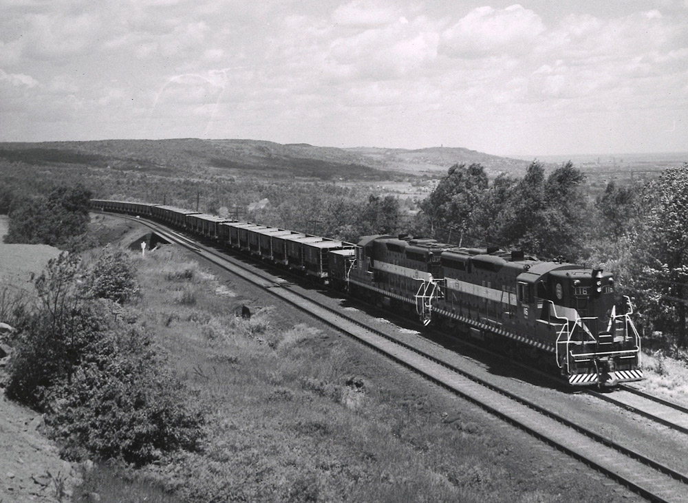 Two road-switcher diesel locomotives with freight train