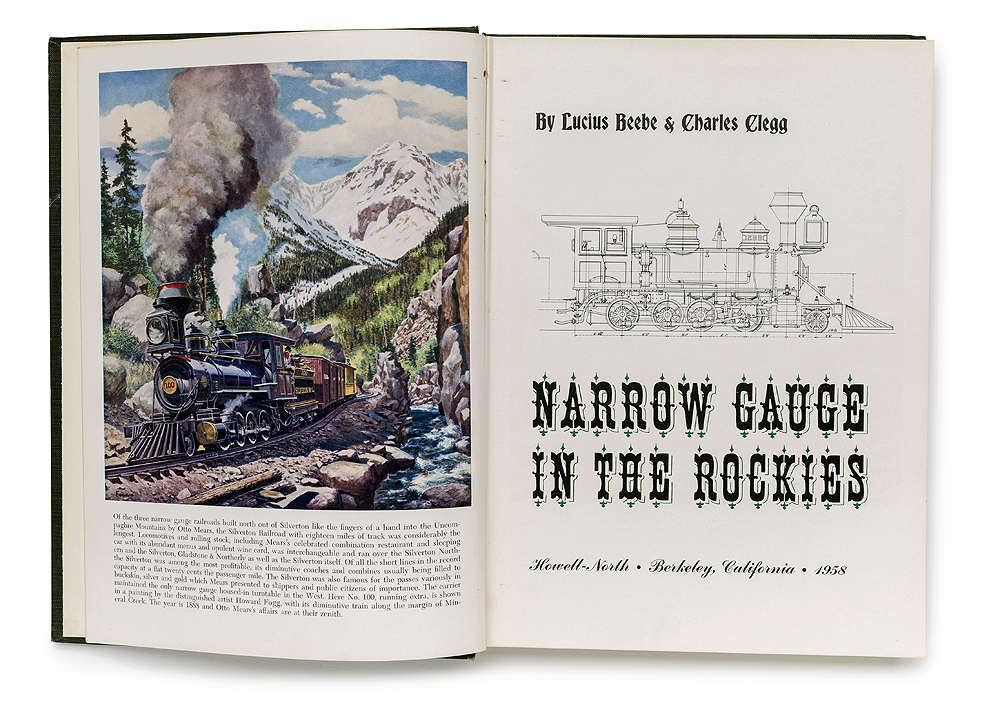 Book title pages featuring a color narrow gauge steam-powered train illustration.