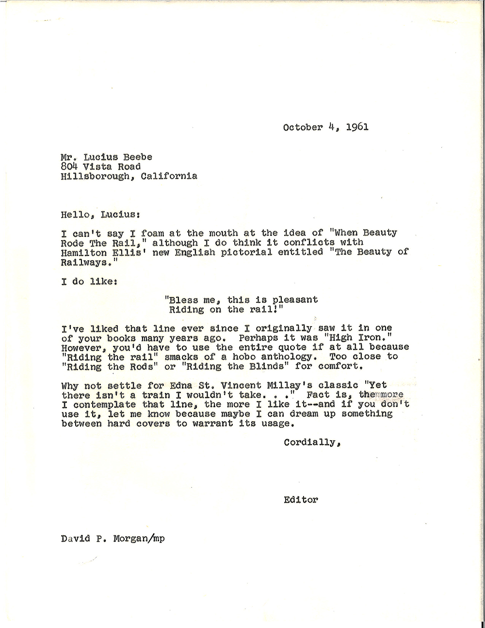 Reply letter from David Morgan to Lucius Beebe