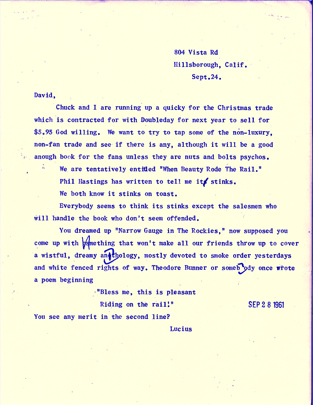 Letter from Lucius Beebe to David Morgan
