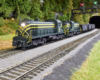 A pair of yellow-striped green diesels leads a coal train out of a tunnel under a forested hill