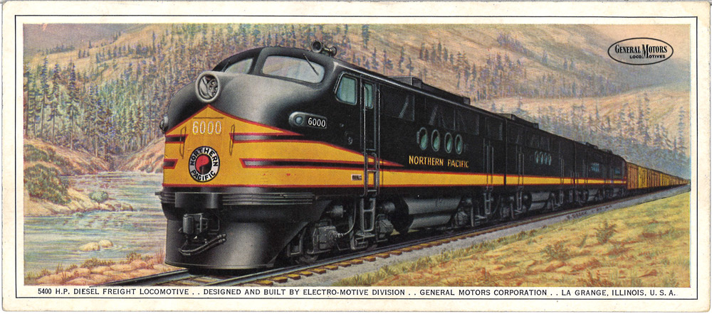 Artist’s rendering of four streamlined diesel locomotives.