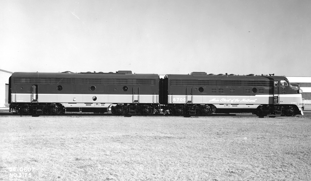 Two streamlined diesel locomotives.