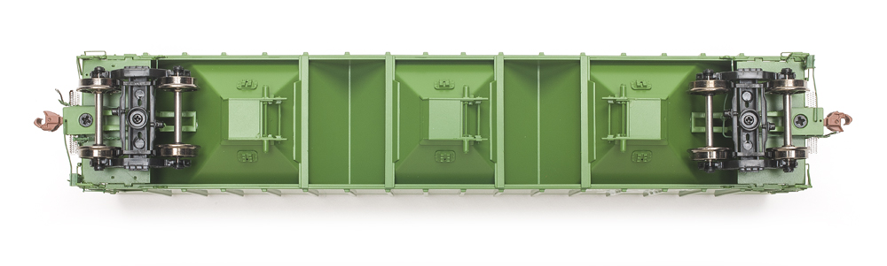 Underbody of ScaleTrains.com HO scale Burlington Northern 4785 covered hopper.