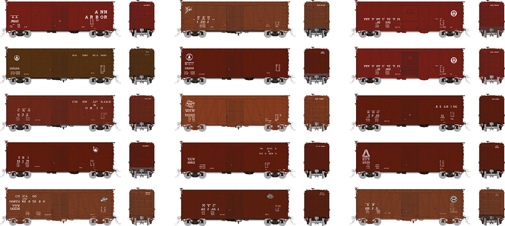 40-foot single-sheathed boxcars in varying paint scheme