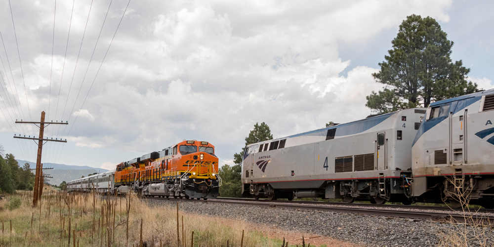 BNSF special train meets Amtrak train