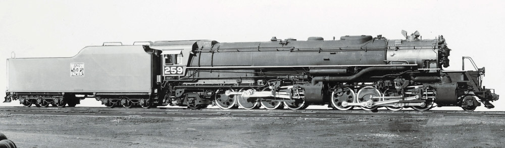 Black-and-white view of 2-8-8-2 steam locomotive